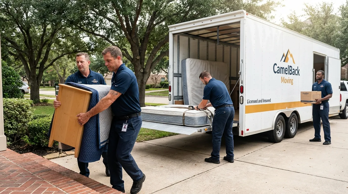 Crew loading residential truck for cross-state move from Madisonville, TX